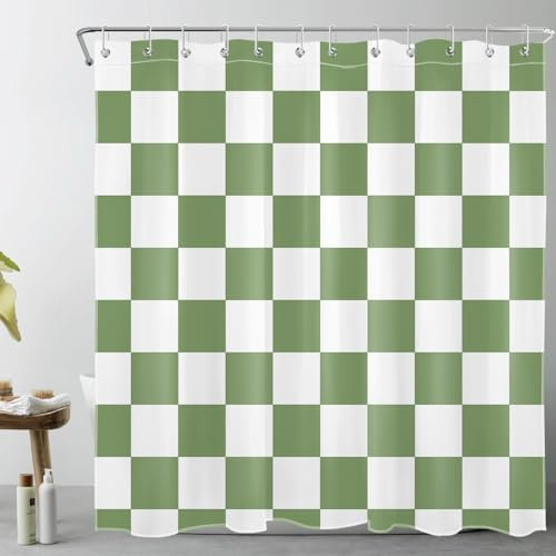 LB Grün und Weiß kariert Duschvorhang 180x180cm Einfach geometrisch Antischimmel Wasserdicht Badezimmer Vorhänge,Modernes Kariertes Kunstdekor Polyester Stoff Bad Vorhang mit Haken