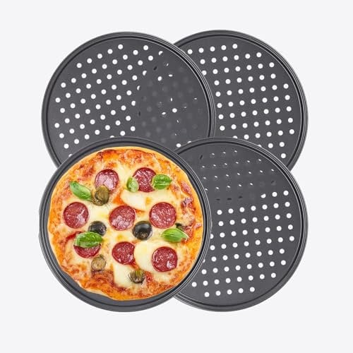 MUVELL Pizzableche 4 Stück - Ø 32 cm rund | gelochtes Pizzabackblech | Backblech für Pizza, Flammkuchen, Lahmacun und Pommes | langlebig, leicht, stapelbar
