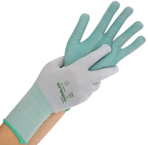 FRANZ MENSCH 24 Stück walking Feinstrickhandschuhe Gripper | Nylon, Packung, grau-grün, 10/XL, L: 26cm, Nylonhandschuhe, Arbeithandschuhe, Montagehandschuhe, Gartenhandschuhe, Industriehandschuhe