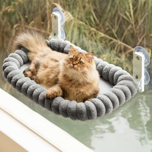 MEWOOFUN Plüsch Katzen hängematte Fenster mit abnehmbarem wendbarem Bezug – weicher Katzen fensterliege mit verdicktem Stahlrahmen, katzenbett Fenster mit 4 Saugnäpfen Stabiler Halt bis 18kg, Grau