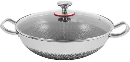 HuKaiL Padella antiaderente in acciaio inox, 34 cm, padella wok con coperchio, in vetro temperato, per 3-4 persone, per fornelli a gas, a induzione, 33,5 x 9,4 cm
