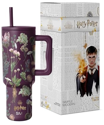 Simple Modern Harry Potter Vaso con Asa y Tapa con Pajita | Botella Térmica Reutilizable de Acero Inoxidable | Colección Trek | 1180 ml | Herbology