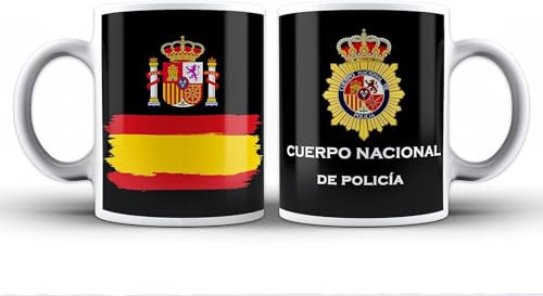 Taza Cuerpo Nacional de Policía con bandera y escudo. Para desayuno, café o infusión. Se puede fregar y meter al microondas. De cerámica. Aguanta calor y frío