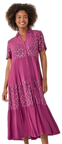 Roman Shirt Dress for Women UK Ladies Short Sleeve Sleeveless Belted Collared Midi Maxi Summer Spring Smart Casual Button Evening Office A Line Swing Skater - Purple Sequin - Size 10