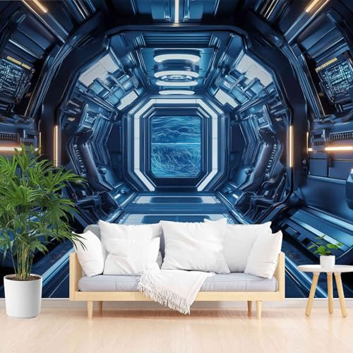 Blaues futuristisches Technik-Kabinenmuster Tapete Schlafzimmer 200 x 140 cm, Dunkelblau Fototapete Vliestapete, Wasserdichte Dekorative Wandaufkleber