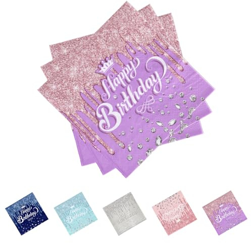 JENCVNL 40 Stück Glitzernde Diamanten Geburtstag Servietten,33x33cm Deko Geburtstag Servietten Geburtstagsdeko Papierservietten für Junge Mädchen Geburtstags Party Deko (Lila)