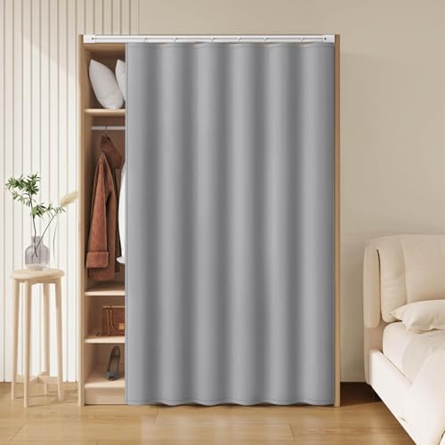 Staubdichter Schrankvorhang Zum Schieben, Schrank Vorhang Privatsphäre, Gardinen Vorhang Verdunkelung für Kleiderschrank Regal Badezimmer mit Geräuscharmen Gleitschienen(Grau,W 50cm x H 140cm)