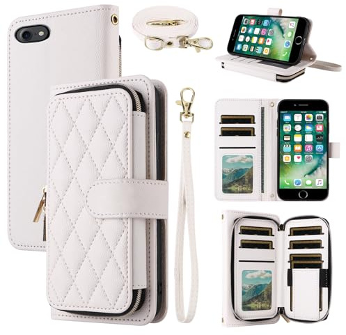 ELISORLI Argyle Wallet Case for iPhone 7/8/SE 2020/2022 Women Men White | Wrist Strap Shoulder Strap, Phone Cover for iPhone7 iPhone8 7s 8s i SE2020 SE2022 2/2nd/3/3rd Generation SE2 SE3 7SE 8SE