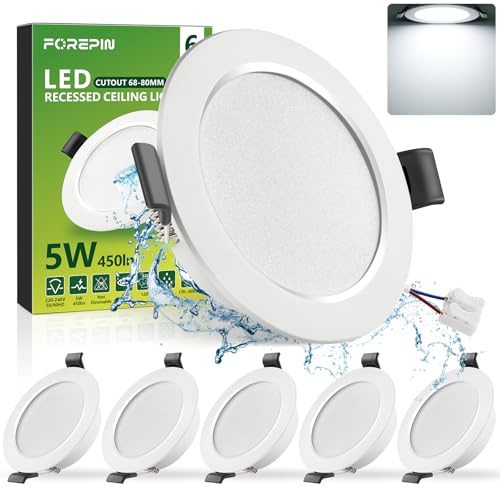 Forepin LED Einbaustrahler 230V 5W, LED Spots Flach Kaltweiß 6000K, 68-80mm Loch Deckenspots, 450LM Bad Einbauleuchten, IP44 Ultra Flach Einbauspots für Badezimmer Küche Wohnzimmer, 6er Set