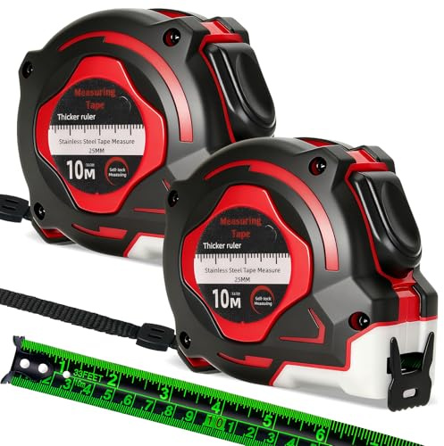 2 Pack Tape Measure 10 Metre, Fluorescent Durable Auto-Locking Retractable | Measuring Tape with Easy-Read Double-Sided Scale, 25mm Wide Stainless Steel Blade for DIY, Home, and Professional Use