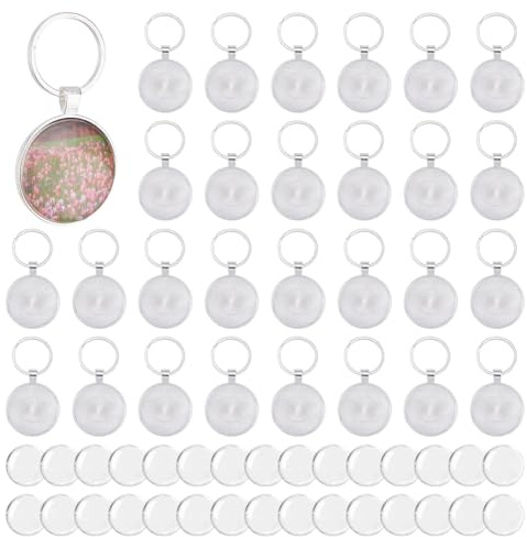 DICOSMETIC Lot de 30 porte-clés avec plateau rond de 30 mm, cabochon, en alliage, cadre photo, porte-clé, avec anneau porte-clés