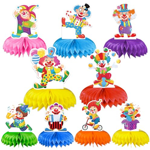 DPKOW Karneval Deko, 9 STK Bunte Clown Bienenwabe Mittelstück Karneval Tischdeko Fasching Party Tischaufsätze Zirkus Deko Clown Waben Mittelstücke Ornamente Papier Karnevalsdekoration Faschingsdeko