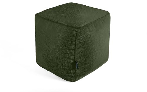 Littens Olive Green Teddy Boucle Square Cube Footstool Ottoman Bean Bag Pouffe, Living Room Decorative Seat, Piped (41cm x 41cm x 41cm)