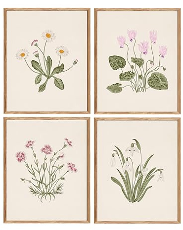 IKORNUO Vintage Botanical Wall Art Prints, 8x10 Floral Pictures for Bedroom Hallway, Botanical Prints for Walls Unframed, Set of 4