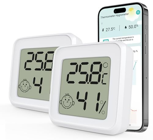 AOOSU Thermomètre Hygromètre Interieur Connecté, 2pcs Numérique Thermomètre Intérieur, Petit Moniteur Capteur de Température et Humidité, Connecté App Bluetooth avec Ecran LCD pour Maison Cave Vin
