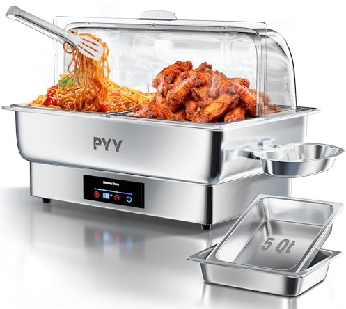 PYY Electric Chafing Dish Buffet Set – Roll Top, Stainless Steel Chafer with Side Handles, Clip Storage Plate & 2 Half-Size Pans for Catering Parties Weddings