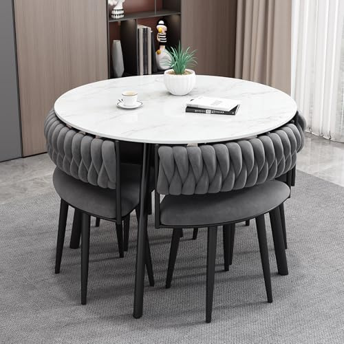 VTELGT Modernes Esstisch-Set mit Stühlen - 90cm Runder Esstisch mit 4 Stühlen - Küchentisch für 4 Personen Platzsparend für Küche Esszimmer Marmoroptik- mit Metallbeinen
