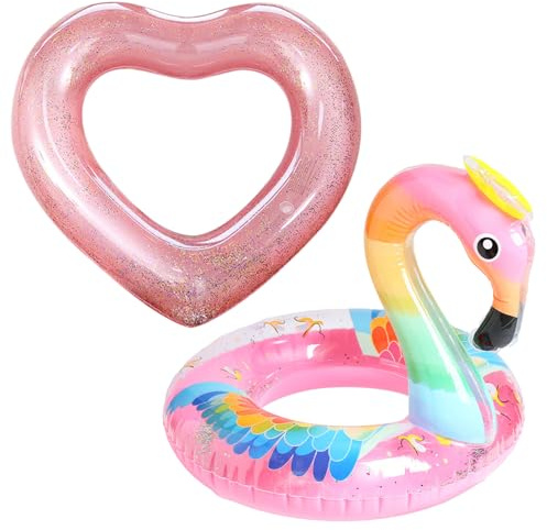 Schwimmring, Schwimmreifen, Flamingo Aufblasbar 2er Set, Herz Design mit Pailletten, Verdicktes PVC Pool Spielzeug für Strand und Sommer Party, Kleiner Badespaß