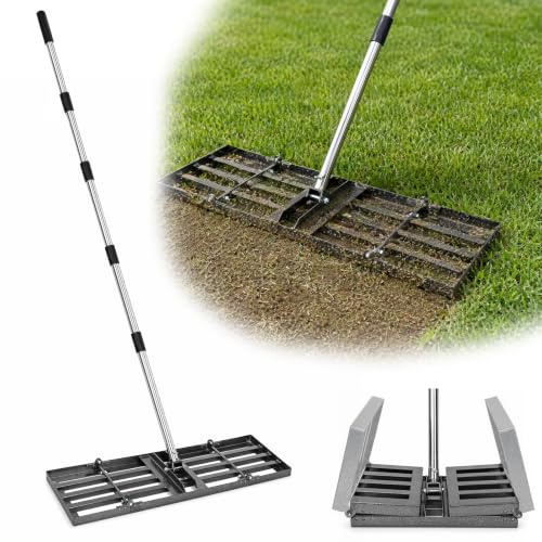 KORVORIA Rastrello Livellatore per Prato 76x25cm, Livella Prato Pieghevole | Manico Regolabile Inox (87-200 cm) e Testa in Ferro, Attrezzo Spianatore per Livellare Terreno, Sabbia e Ghiaia nel Giardino