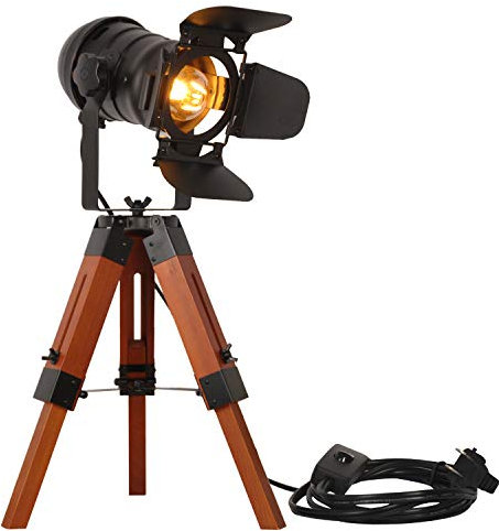 Modern Industrial Vintage Tripod Floor Table Lamp - Metal Wooden Nautical Cinema Standing Searchlight - Reading Desk Light for Living Room Movie Theatre Decoration Adjustable Height (Black+Wood)