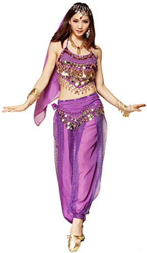 Wuchieal Bauchtanz Kostüm Damen Phantasie 4 Teile Bauchtanz Outfits Kostüm (Lila, One size)