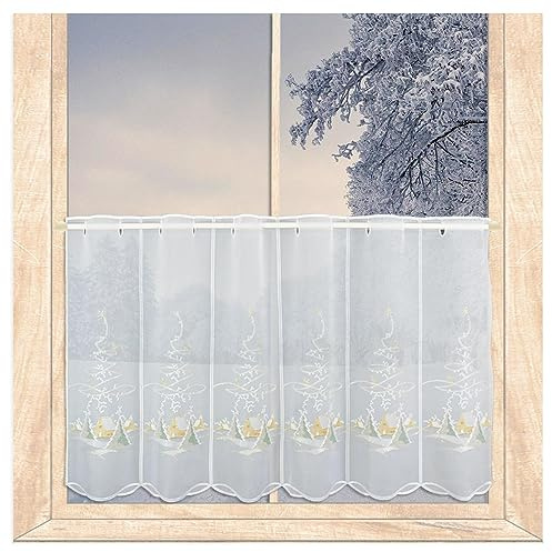 Winter-Scheibengardine Kleines Haus im Schnee HxB 55x96 cm | Bestickte Kurzgardine Weiß-Beige-Grün-Gold | Halbtransparenter Voile 100% Polyester | atelier alles-Spitze