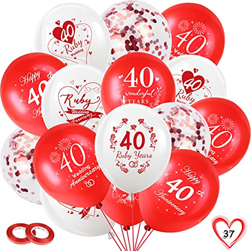 DPKOW 35pcs 40. Hochzeitstag Luftballons für Rubinhochzeit Dekorationen, Weiß Rot 40 Jubiläum Latexballons, Rot Konfetti Luftballons, 40. Hochzeitstag Deko für Paar Eltern