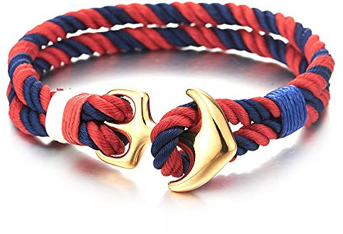 Acier Or Marin Ancre Deux Rangs Nautique Marin Rouge Blanc Bleu Coton Cordon Tressé Entrelacé Envelopper Bracelet