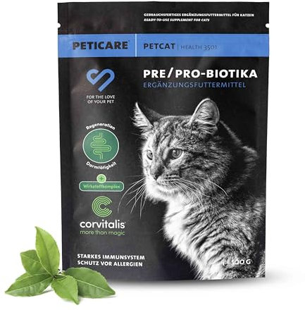 Peticare Katzen Präbiotika & Probiotika | Immunsystem stärken, Darmsanierung, Darmflora aufbauen | lindert Allergie-Anfälligkeit & Juckreiz | mit innovativem Corvitalis® Komplex - petCat Health 3501