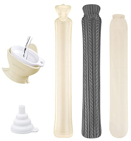 Homewit Wärmflasche mit Strickabdeckungen, Schlauchwärmflasche und Lange Wärmflasche 2L - Nackenwärmflasche mit Einem Wassertrichter, Zusätzlich ein Baumwollbezug für Lange Erwärmung - Dunkelgrau