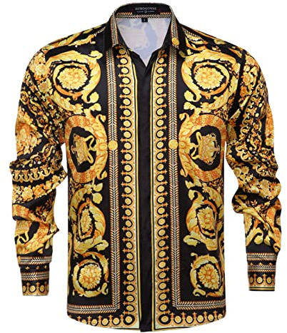 Mens Luxury Brand Printed Silk Like Satin Button Down Dress Shirt for Party Prom Long Sleeve Slim Fit Floral Nightclub Shirt