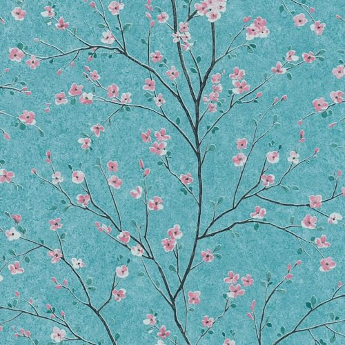 Flowers wallcovering Wall Profhome 379123-GU Non-Woven Wallpaper Slightly Textured with Floral Pattern matt Turquoise Pink Black Grey 5.33 m2 (57 ft2)