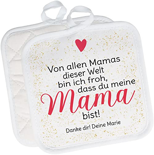 2er Set Topflappen personalisiert „Von Allen Mamas Dieser Welt Bin ich froh, DASS du Meine Mama bist!“ – Topf-Untersetzer - Geschenk für die Beste Mutti der Welt – kleine Geschenke zum Muttertag