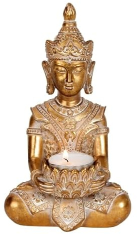 Statue Buddha Meditation Gold Kerze Windlicht | Goldene Figur Dekoration Zen und Feng Shui | bringt eine beruhigte Atmosphäre | entspannend | innen | Glücksstatue Farbe Gold | Höhe: 19 cm