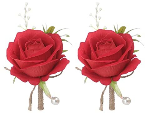 YdseozOA 2 Stück Korsage Hochzeit Boutonniere Künstliche Rosen Blumen Blumenstrauß Brosche Dekor für Braut Bräutigam Hochzeit Prom Party Bankett Rosen Boutonniere (Rot)