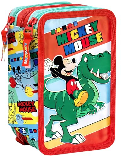 Clondo Astuccio 3 Scomparti, Per Topolino Fan, 44 Pezzi, Forbici, Pastelli, Penne, Pennarelli - 3 Zip, Bambini, Scuola Elementare e Regalo, Tema Dinosauri - Gadget Ufficiale