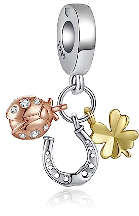 Alstiva Hufeisen, Kleeblatt und Marienkäfer Charm-Anhänger 925 Sterling Silber 5A Zirkonia Charm Anhänger für Armband Charm Bead Pendant für Europäische Armbänder Halsketten Geschenk für Damen