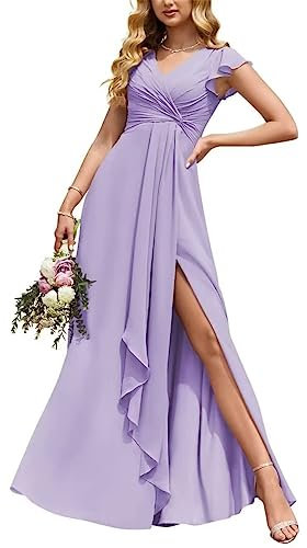 Robes de demoiselle d'honneur à manches courtes avec poches A-ligne en mousseline de soie v-cou longue robe de bal avec fente, lilas, 44
