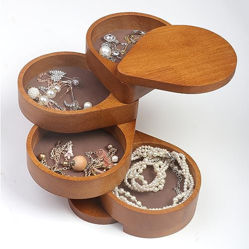 JSVER Portagioie in Legno da Donna Girevole Porta Gioielli da Viaggio con 4 Livelli Girevole Portagioie Ideale Regalo per Regali di Compleanno per Ragazze, Legno