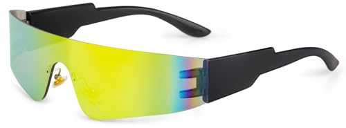 Fowecelt Futuristische Sonnenbrille Space Brille - Rave Sonnenbrille Schnell, Futuristische Brille Gelb, Rahmenlos Verspiegelte Techno Partybrille für Rollenspiel Halloween Zukunft Kostüm