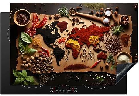 KitchenYeah© Herdabdeckplatte Induktion Schutzmatte Küche Herdabdeckung Ceranfeld Induktionsmatte Cerankochfeld Abdeckung Kräuter - Gewürze - Weltkarte - Braun - Löffel - Küche - 80x52 cm