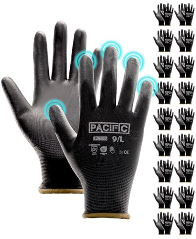 PACIFIC 18 Paare Schwarz Sicherheits-Arbeitshandschuhe – Rutschfeste PU-Beschichtung, Leicht & Atmungsaktive, Ideal für Allgemeine Arbeiten, Gartenarbeit, Arbeitshandschuhe Herren & Damen gr 9/L