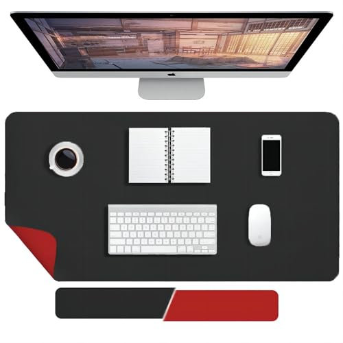 Schreibtischunterlage - 100 x 40 cm Doppelseitig PU-Leder-Schreibtischmatte, Mauspad Groß, Tischunterlage Schreibtisch, Desk Mat, Wasserdichte Antifouling, für Büro und Zuhause (Schwarz+Rot)
