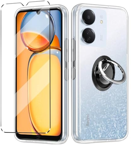 Funda con Cristal Templado 1Pcs con 1Pcs Ring , Protectora Capa Compatible with Redmi 13C Xiaomi POCO C65 Antigolpes Fundas Carcasa Compatible with Redmi 13C POCO C65 Silicona Funda de Móvil Clear