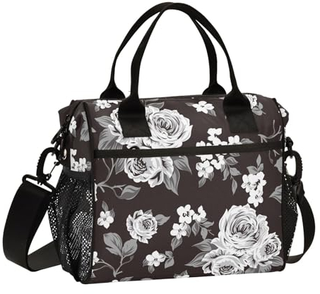 Mnsruu Bolsa de almuerzo aislada, flores blancas, tulipanes de rosa, lonchera negra para mujer, bolsa térmica reutilizable con correa para el hombro, trabajo, escuela, picnic