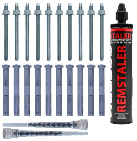 1x Remstaler INJEKTIONSMÖRTEL + ANKERSTANGE + SIEBHÜLSE im SET | Stahl verzinkt o. Edelstahl A4 | Verbundmörtel | Montagemörtel | -HÖCHSTE QUALITÄT- (M8x150 / SH 12x80)