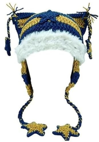 Sindlloger Cat Beanie Beanies Y2k Beanie Strickmütze Grunge Goth y2k Zubehör Häkelmützen für Damen, Blau / Gelb, Medium