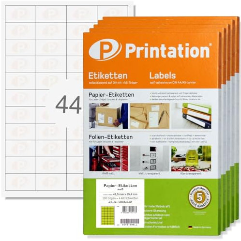 Printation Amazon FBA Etiketten 48,5 x 25,4 mm 44-22000 Aufkleber auf 500 Blatt DIN A4-4x11 48,5x25,4 Universal Papier Labels blanko weiß selbstklebend - SKU Barcode Produkt Artikel Sticker 48x25