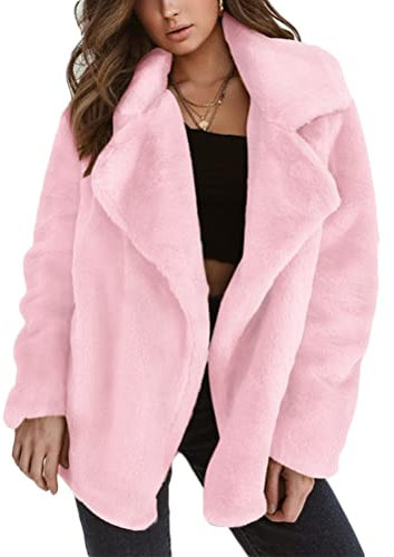 Onsoyours Veste Chaude Femme Hiver à Manches Longues Manteau Chic Blouson Chaud Revers Décontractée en Peluche Cardigan Doux Vestes en Fausse Fourrure Trench Rose XL
