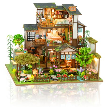 Cuteefun Maquette Maison Miniature pour Adulte à Construire, Mini Maison de Poupée avec LED, Artisanat en Bois et Adolescents à Construire, Anniversaire, Cadeau de Noël (Jardin de Printemps en Bambou)